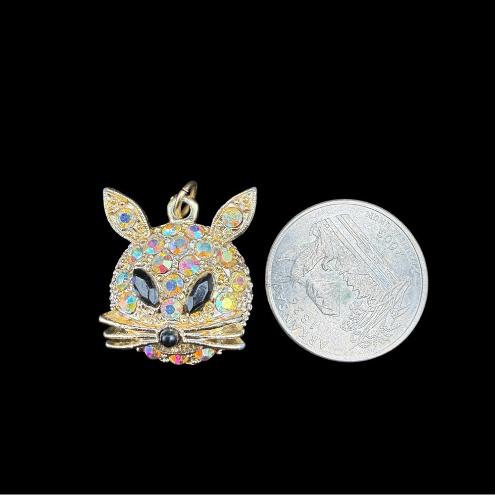 Gold Cat Pendant Charm with Aurora Borealis Iridescent Crystals - Picture 4 of 5
